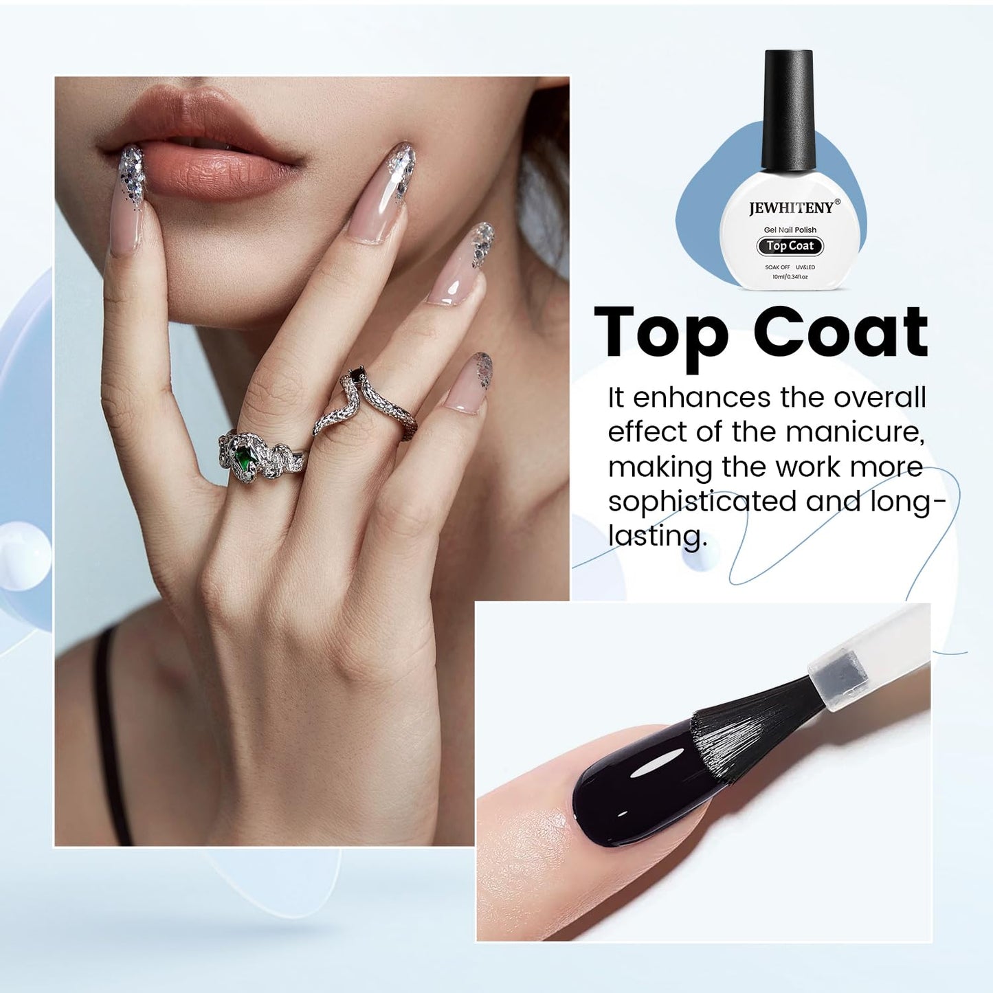 JEWHITENY 10ML Top Coat Nail Polish High Gloss Shine Finish No Wipe No Dip Long Lasting Gel Nail Polish Professional DIY Need U V Lamp Curing