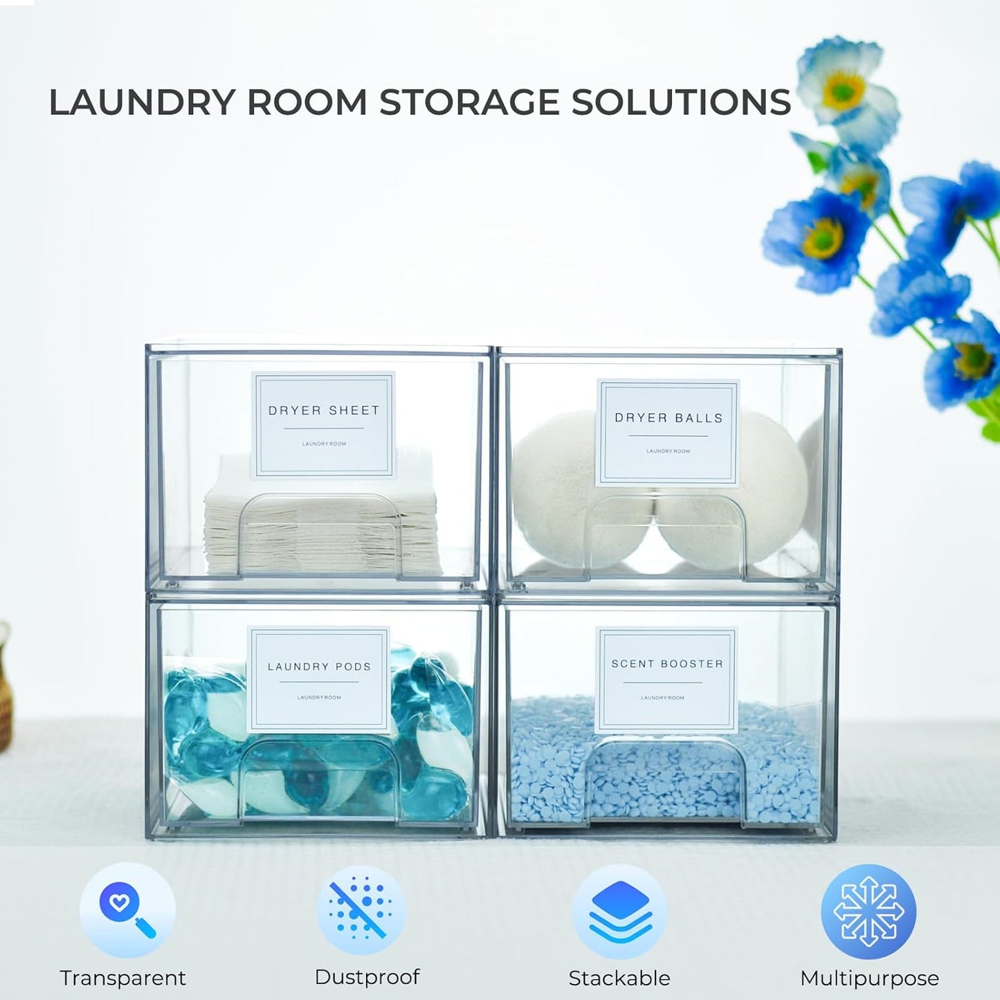 4 Pack Laundry Room Organization and Storage Containers with Labels, Stackable Clear Plastic Storage Drawers for Dryer Sheet Holder, Laundry Pods Container, Laundry Room Decor for Organizing