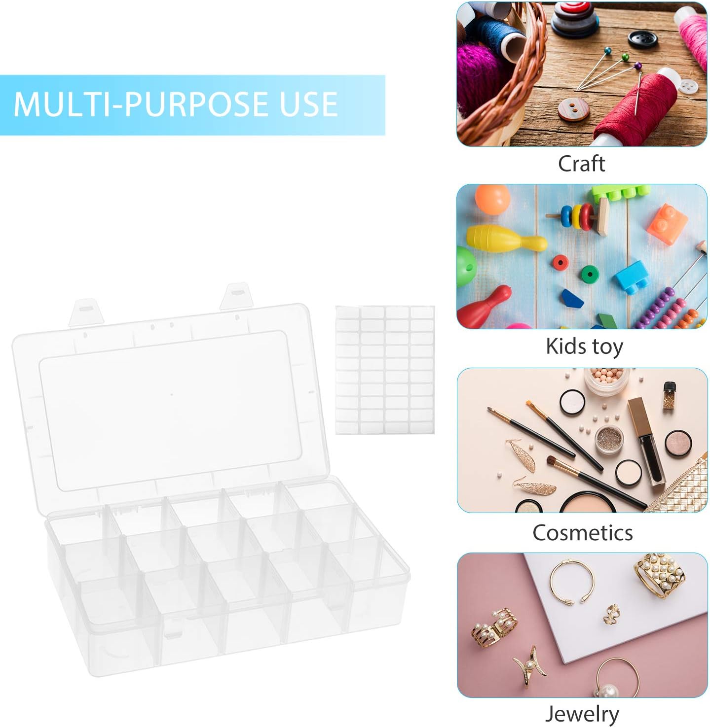 2 Pack 15 Grids Clear Plastic Organizer Box with Adjustable Dividers, Craft Storage Containers for Jewelry, Beads, Screws, Tackle Box, Washi Tapes, Small Parts Organizer for Arts and Crafts