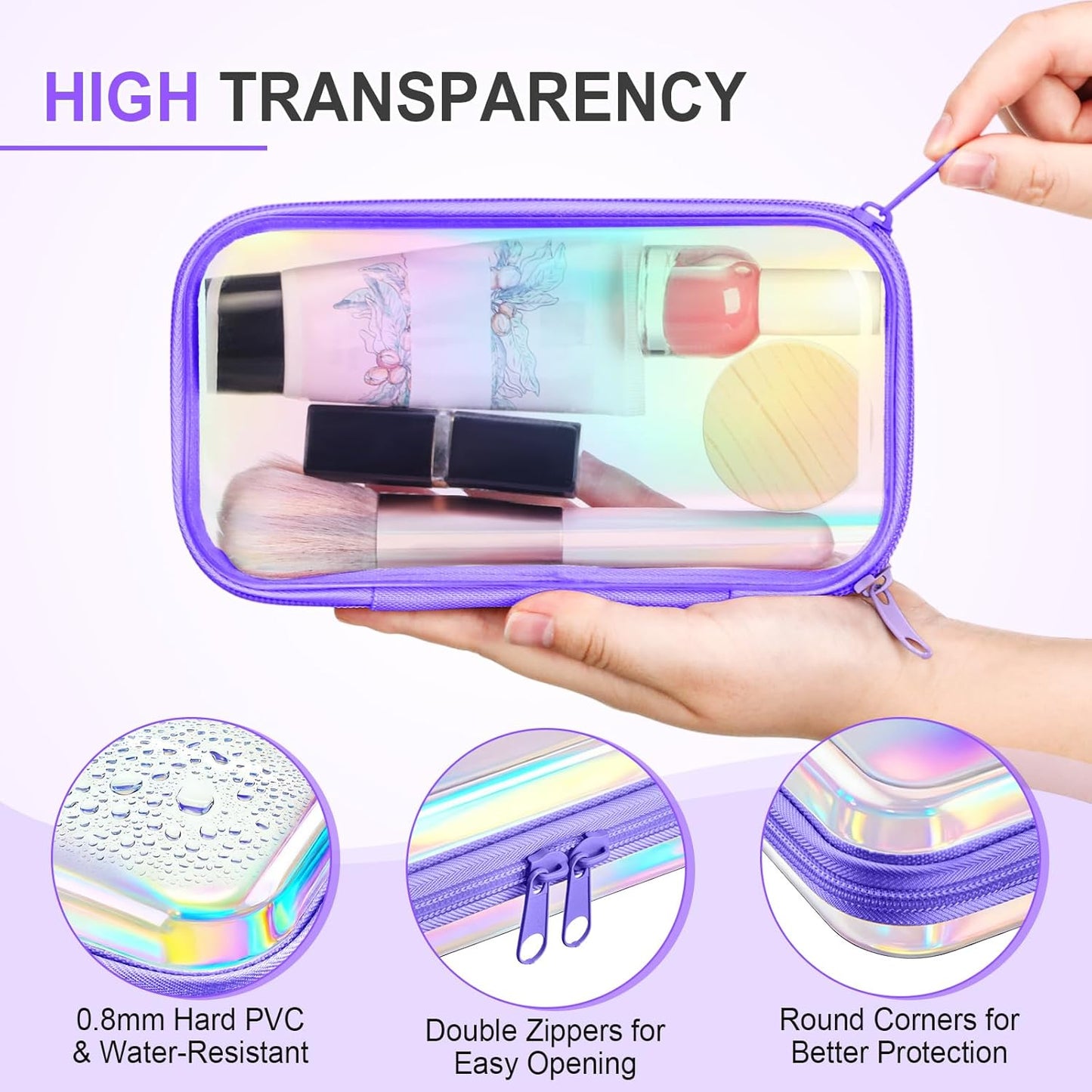 Hoolerry 3 Pcs Clear Hard Zipper Case Plastic Pouch Transparent Hard Case Clear Makeup Bag Portable Travel Organizer Bin for Cosmetics, Building Blocks, Puzzles(Laser,S)