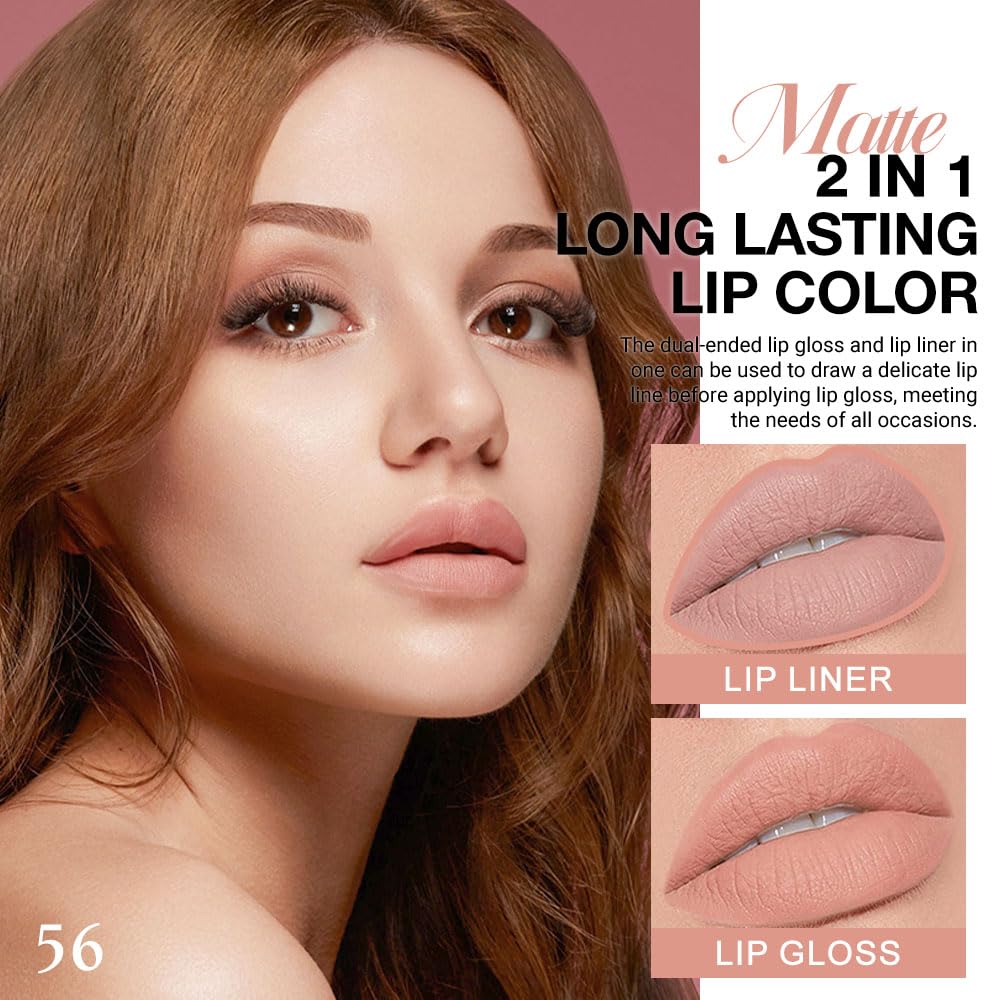 Kaely 2-in-1 Matte Lipstick and Lip Liner, Liquid Lip Stain Makeup for women Long Lasting Waterproof Smudge Proof, labiales matte mate larga duracion listip 24 hours originales, 56 Bright Nude