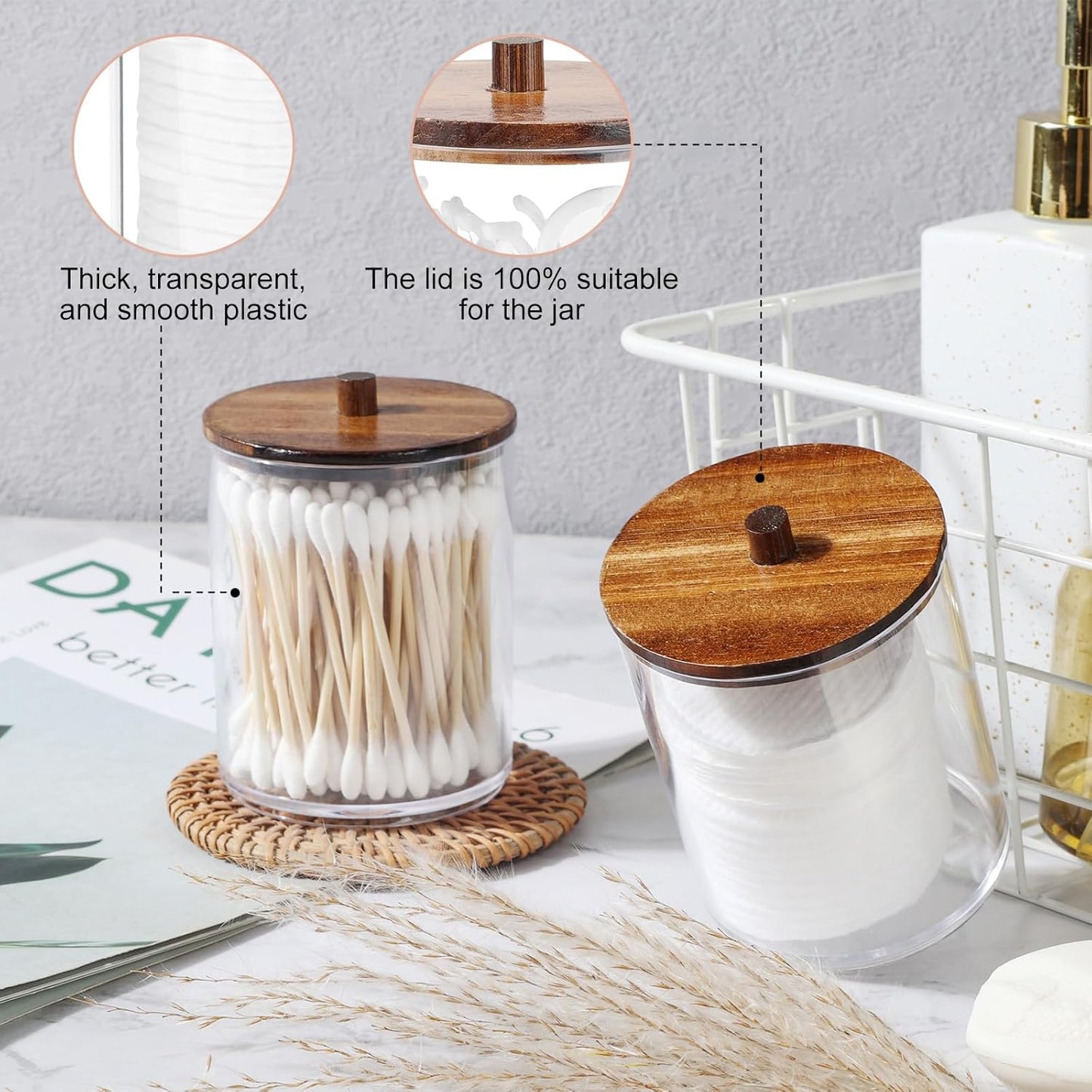 4 Pack Qtip Holder Dispenser with Wood Lids - 10 oz Clear Plastic Apothecary Jar Containers for Vanity Makeup Organizer Storage - Bathroom Accessories Set for Cotton Swab,Pads, Ball, Floss