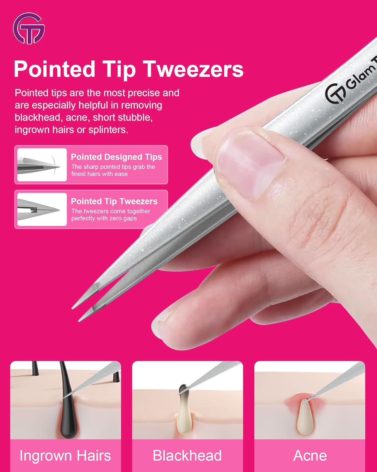 Expert Slant and Point Tip Tweezer Set with Exclusive Travel Case, GlamTweeler Sharp & Precision Tweezer Set for Eyebrows, Facial Hairs & Fine Hairs Removal (Sparkle Purple & Turquoise + Silver)