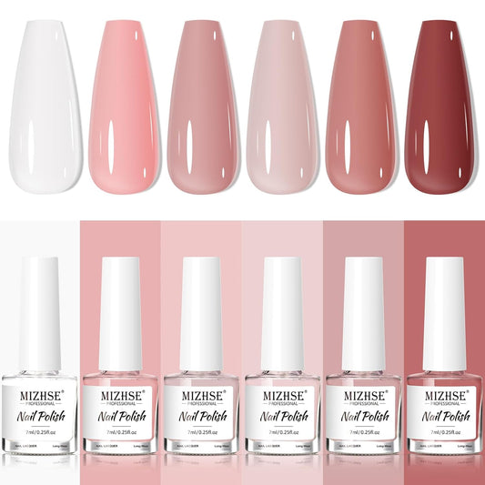 MIZHSE Nail Polish Set: 6 Classic Nude Colors Collection Milky White Nude Pink, Quick Dry Nail Lacquer Fingernail Manicure DIY Nail Art Salon, Ideal Gift for Women
