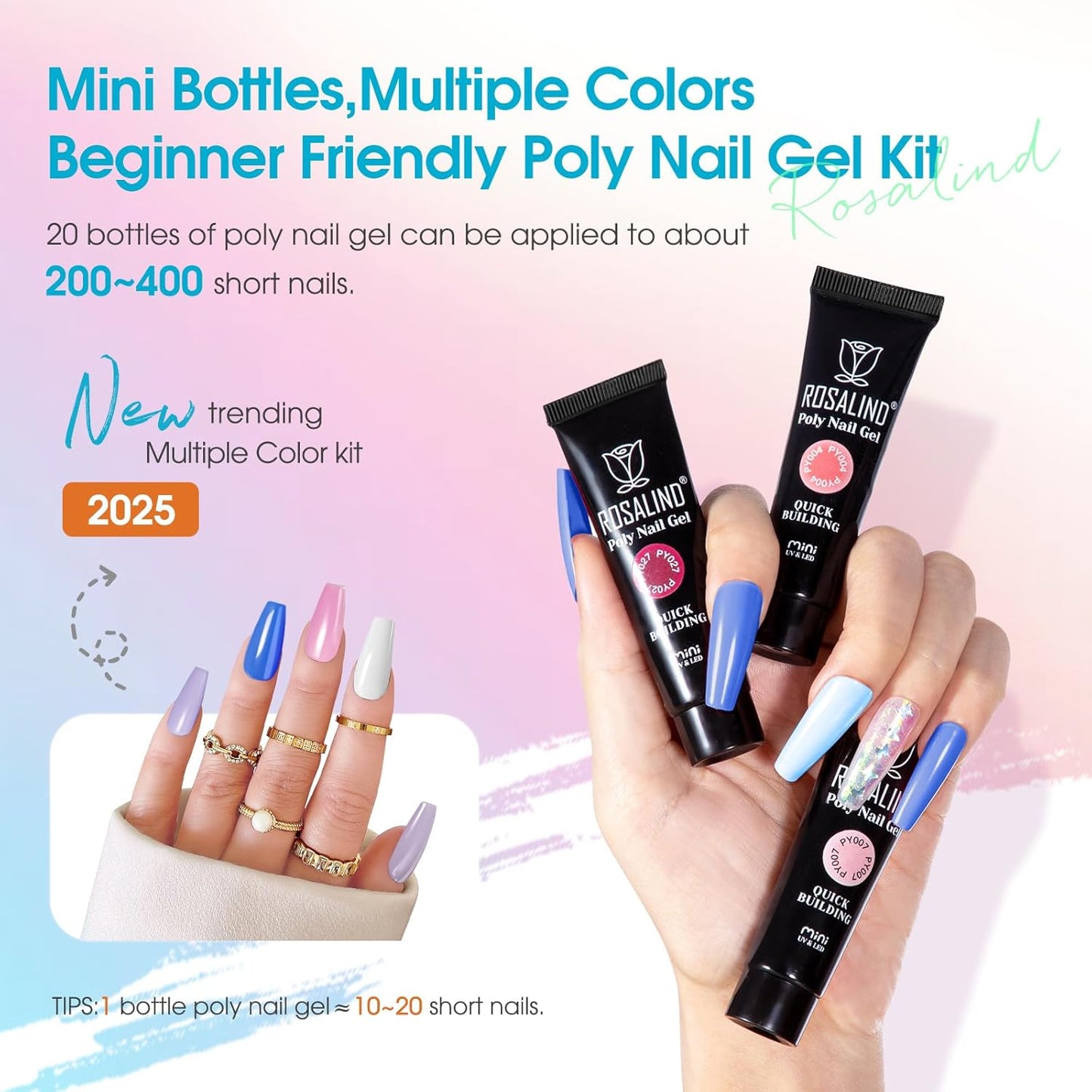 ROSALIND 20 Colors Poly Nail Gel Kit with Mini Nail Lamp Glitter Poly Nail Gel Kit Collection with Tools Clear All Seasons Classic Colors Halloween Starter Kit