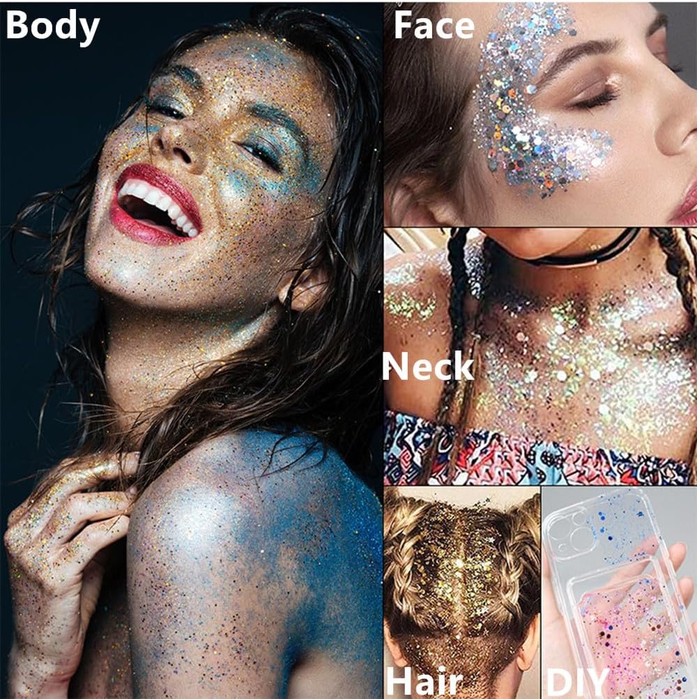 Go Ho Hot Pink Face Body Glitter Gel,Singer Concerts Hot Pink Face Paint Makeup,Holographic Chunky Sequins Glitters for Eye Lip Hair Nails,Festival Rave Accessories,52g