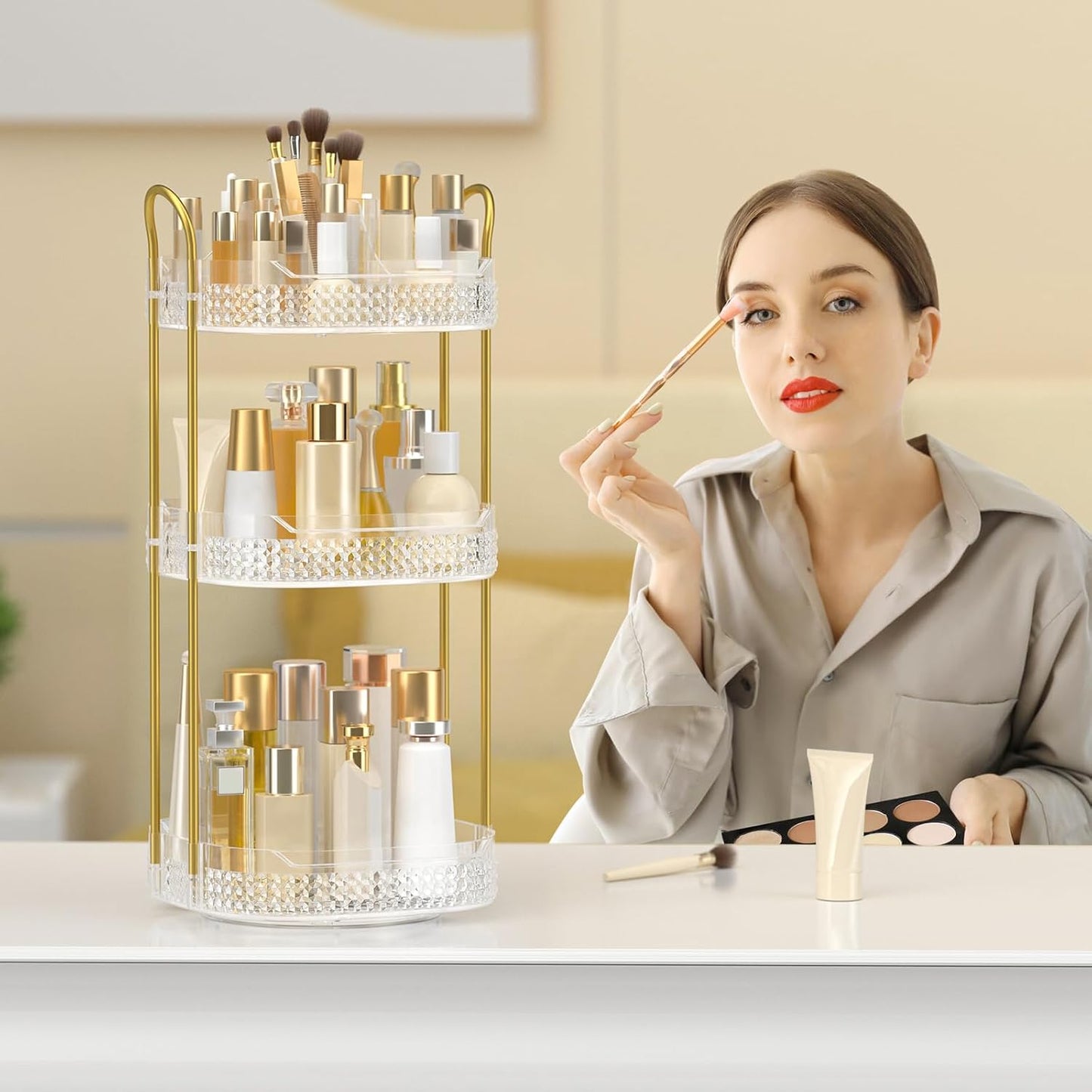 Rotating Makeup Organizer for Vanity 3 Tier, Perfume Organizer with Makeup Brush Holder, Large Capacity Cosmetics Clear Skincare Organizer for Countertop (Transparent)