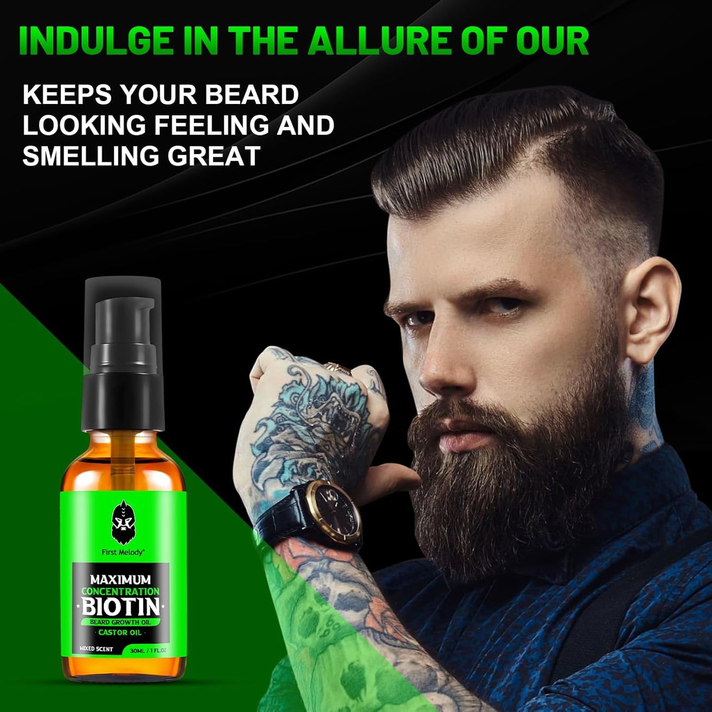 Beard Oil,Maximun Thickening Biotin, with Castor Oil and Argan & Jojoba Oils, Promotes Beard Growth, Styles, Strengthens & Softens Beards & Mustaches,1 Ounce*2（2 Pack）