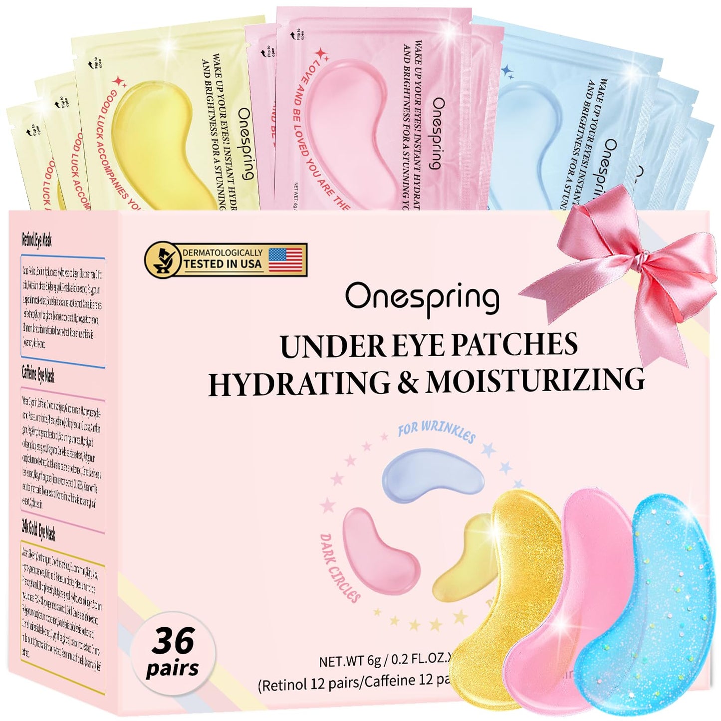 Eye Masks (36 Pairs) - Caffeine, Retinol, 24K Gold for Puffiness, Dark Circle, Wrinkles, Fine Lines - Firming Eye Gel Pads, Great for Holiday Gifts and Personal Use