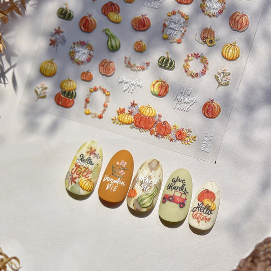 Pumpkin Nail Stickers for Art Fall Nails Stickers 5D Embossed Self-Adhesive Thanksgiving Day Autumn Maple Leaf Flower Wreath Nails Decals Holiday Maple Leaves Manicure Decoration for Salon Nail 1Sheet