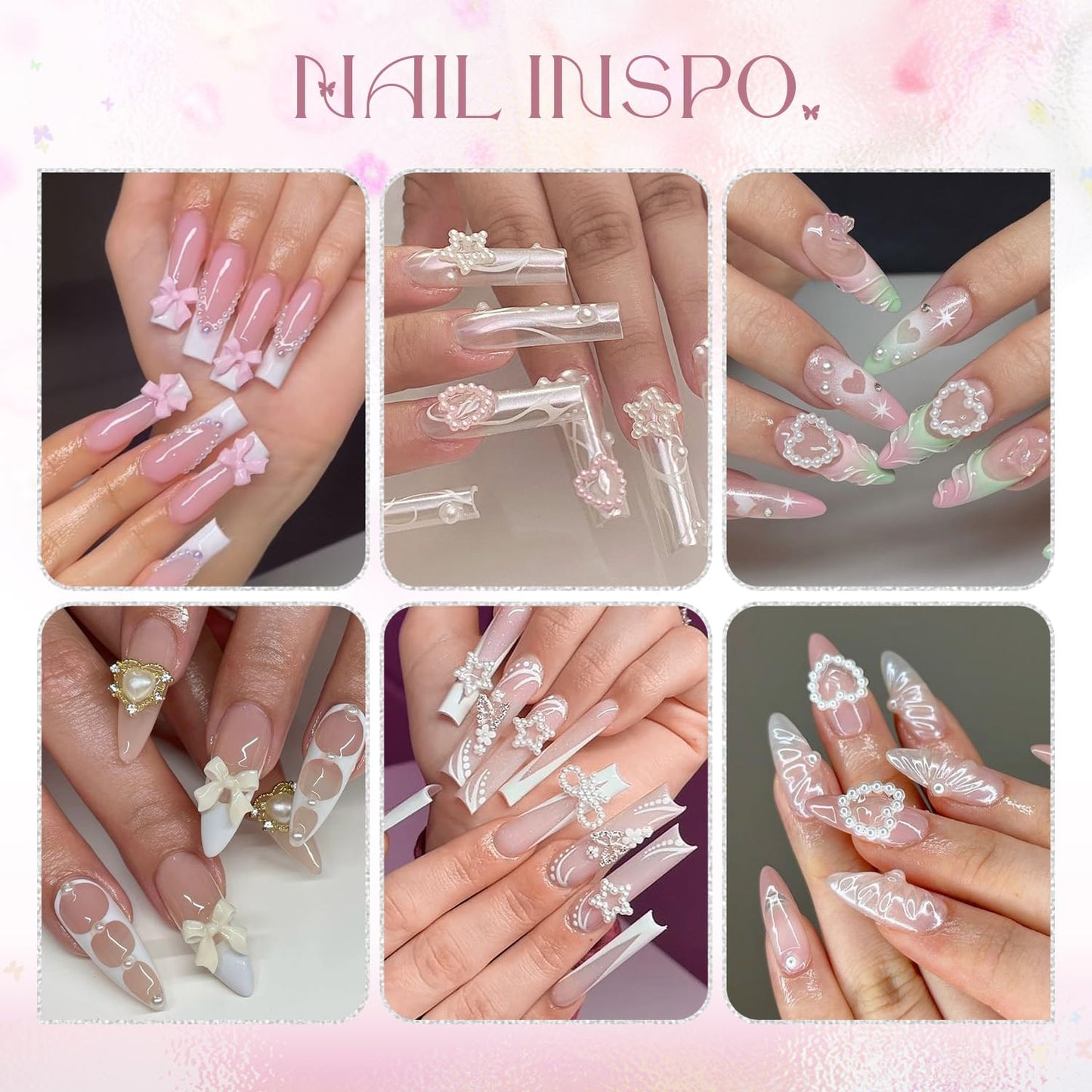 3D Nail Charms and Gems Set 9, 20PCS Chunky Butterfly Charms + 60PCS Coquette Nail Bows in 2 Styles + 3D Flowers for Nails with Rhinestones, Pearls, Diamonds, and Picker Tools for Y2K Nail Decor
