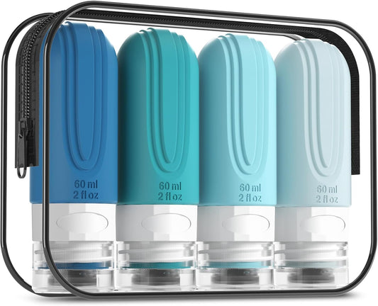 Travel Bottles for Toiletries, Tsa Approved 2oz Travel size Bottles, BPA Free Leak Proof Travels Toiletry Containers, Traveler Accessories with Toiletry Bag for Shampoo Liquid (4 Pack)