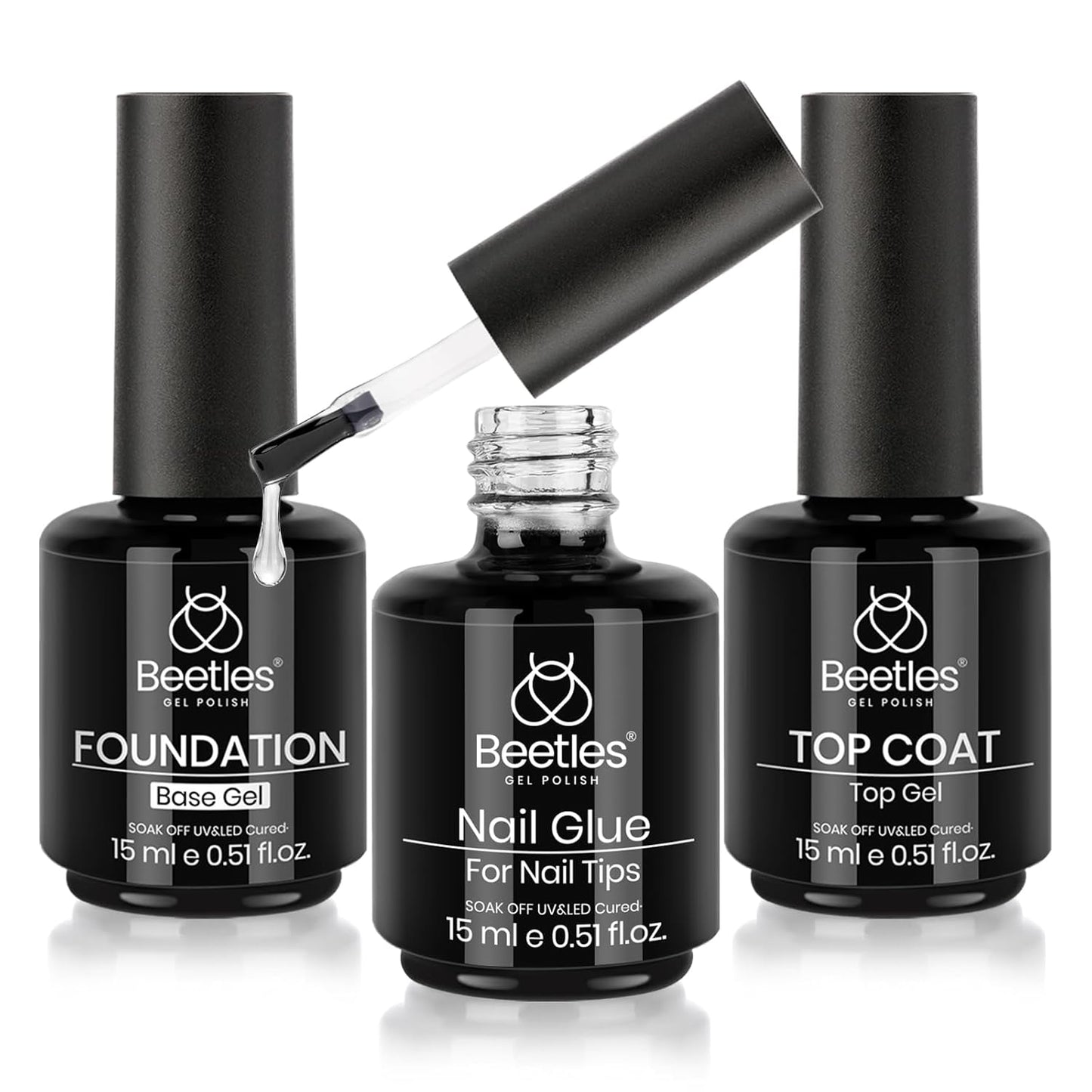 Beetles Top Coat Base Gel & Nail Glue Set-3Pcs No Wipe Top Coat Gel Nail Polish & Base Coat with 9 In 1 Nail Glue Shine Effect Long Lasting Soak Off Uv Light Lamp Diy Gift for Women & Girls