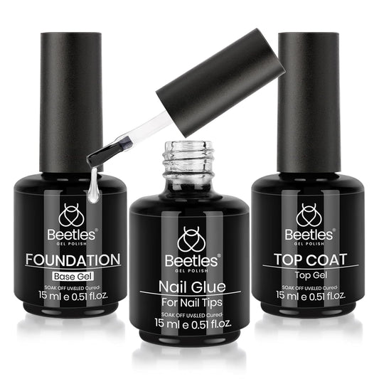 Beetles Top Coat Base Gel & Nail Glue Set-3Pcs No Wipe Top Coat Gel Nail Polish & Base Coat with 9 In 1 Nail Glue Shine Effect Long Lasting Soak Off Uv Light Lamp Diy Gift for Women & Girls