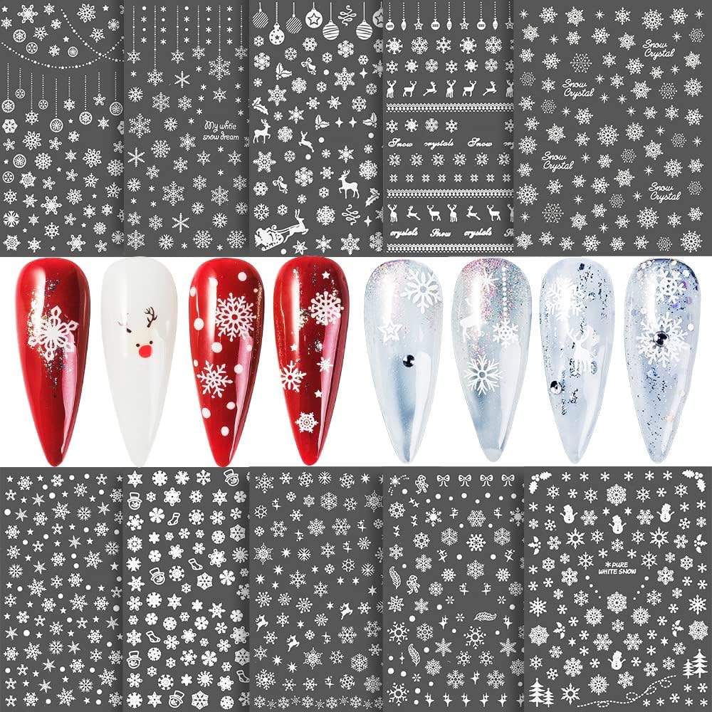 Snowflake Nail Stickers 10 Sheets Christmas Snowflake Nail Decals 3D Self-Adhesive Winter Theme Nail Sticker White Nail Art Design Decals DIY Nail Decoration Supplies for Women Girls