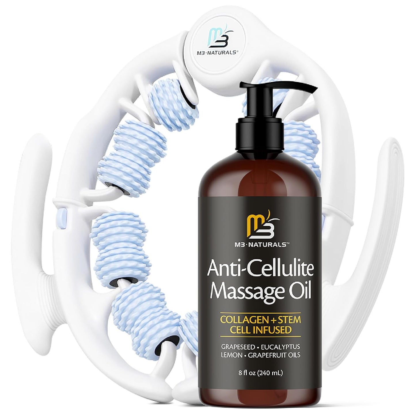 Anti Cellulite Oil and Lymphatic Drainage Massager Kit | Fascia Blaster for Contoured & Smoother Skin | Muscle Roller for Sore Arms, Legs, and Stomach, 8 fl oz by M3 Naturals
