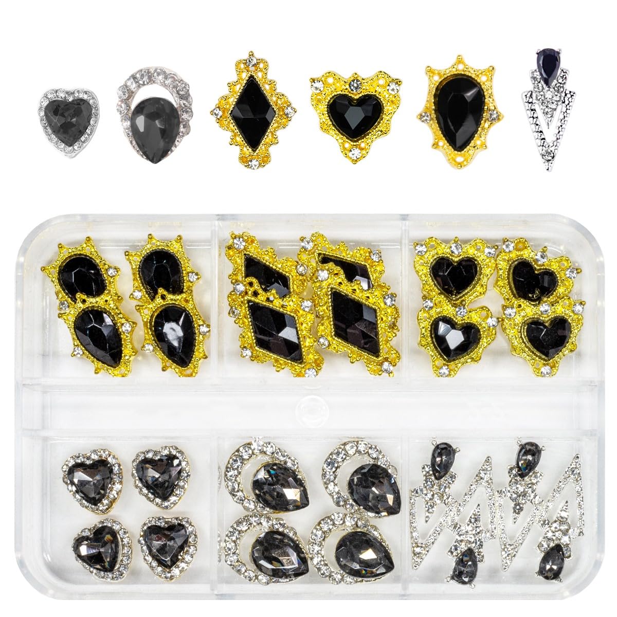 24pcs Black Nail Rhinestones Luxury Nail Charms Jet Black Heart Charms for Nails 3D Big Nail Gems K9 Glass Crystals Diamonds Jewelry Stones Alloy Nail Art Studs Nail Art Decor for Arylic Nails Crafts