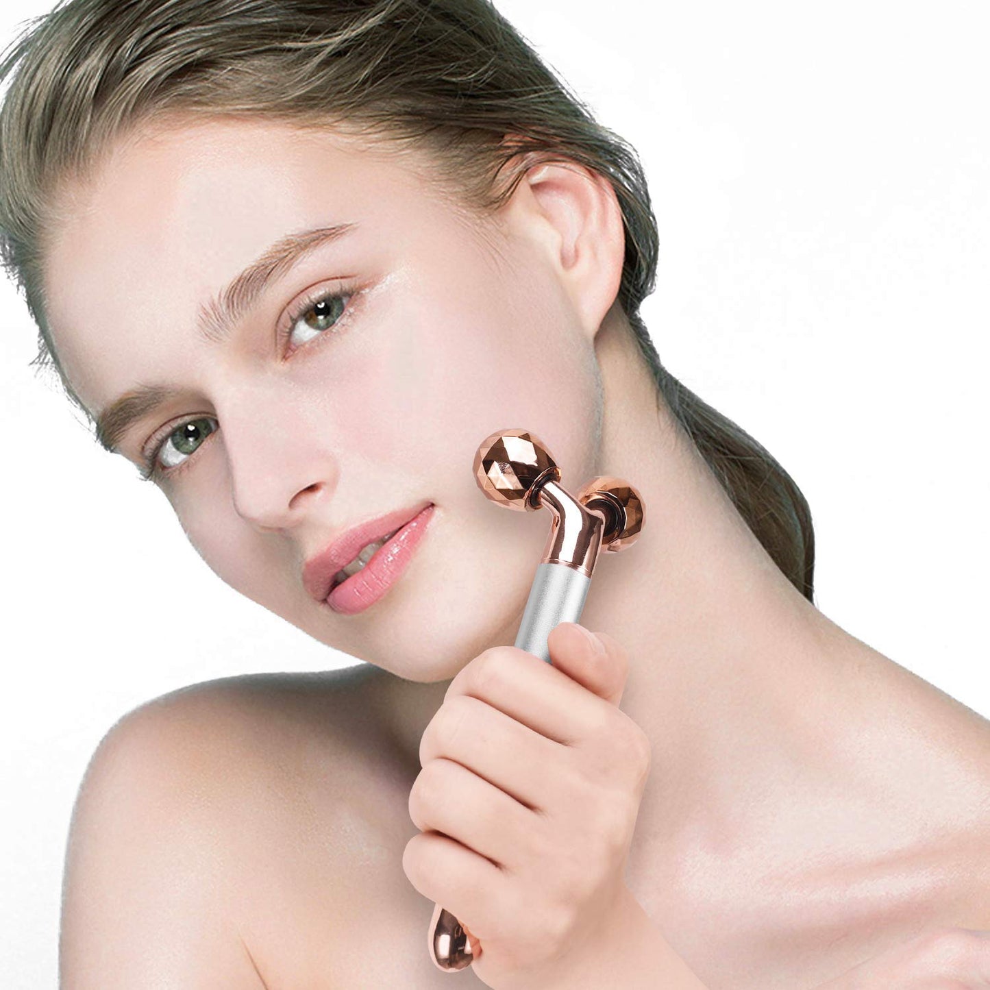 DANGSHAN 3-in-1 Electric Jade Roller 3D Roller Facial Roller & Face Massager, Rose Quartz