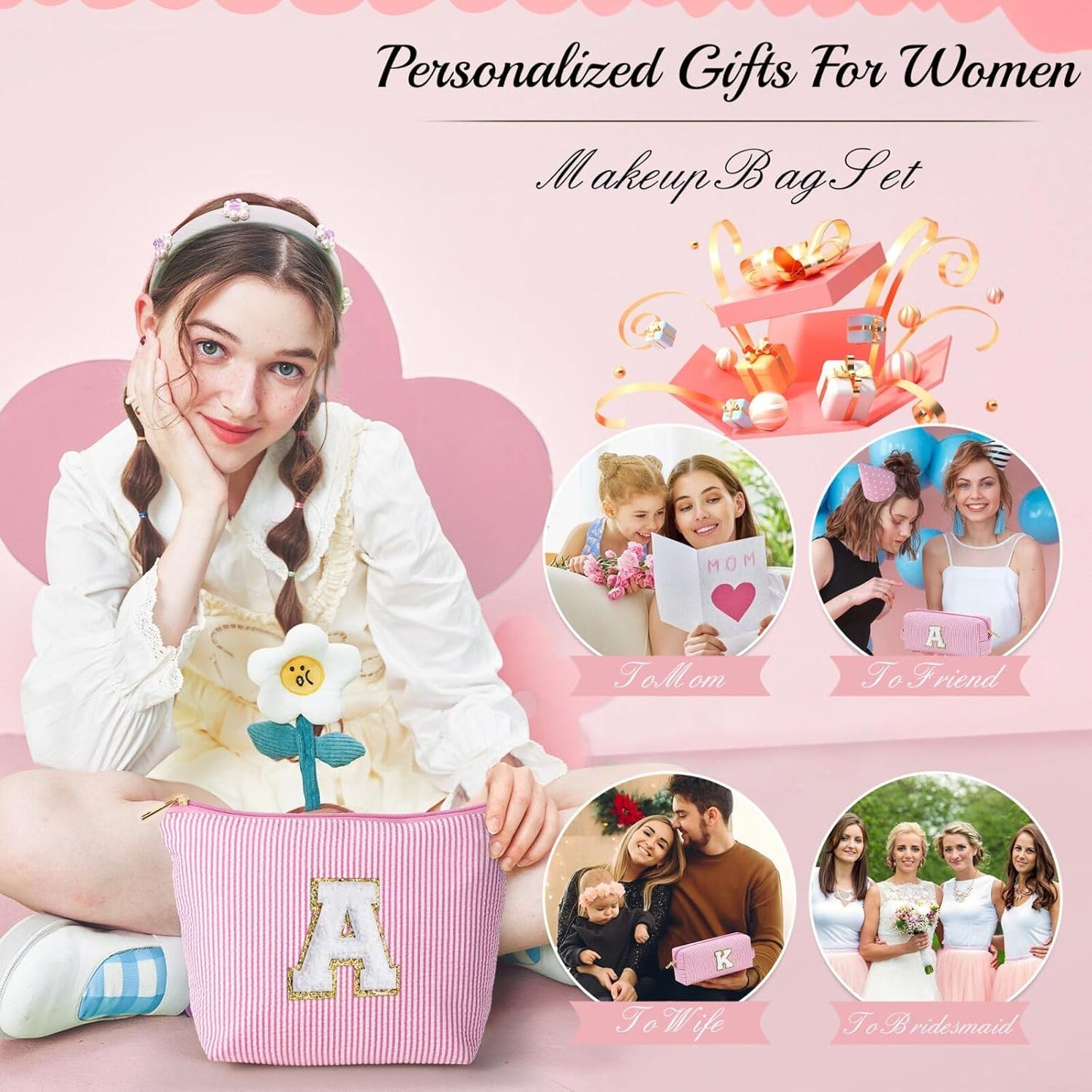 YOOLIFE Cute Gifts Travel Makeup Bag - Pink Travel Cosmetic Bag for Women Yoga, Picnic, Personalized Best Friend Birthday Gifts with Monogram