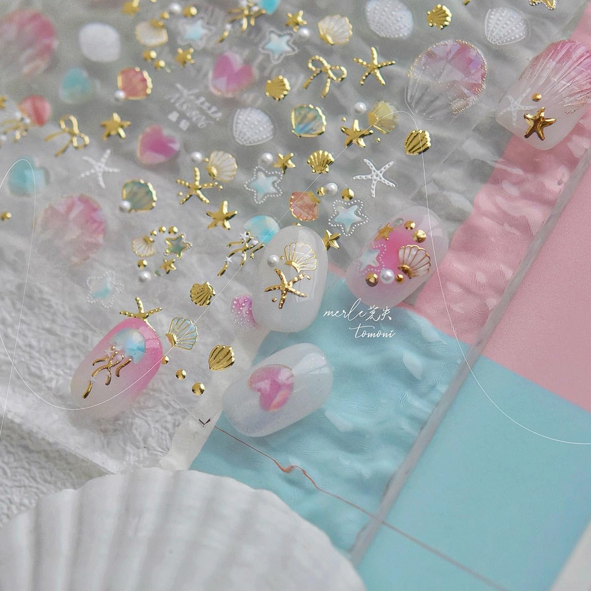 1 Sheets Summer Nail Stickers for Nails Art 5D Embossed Self-Adhesive Shell Starfish Nail Art Stickers Decals Gold Ocean Star Jellyfish Design Beach Nail Supplies for Women Acrylic Manicure Salon