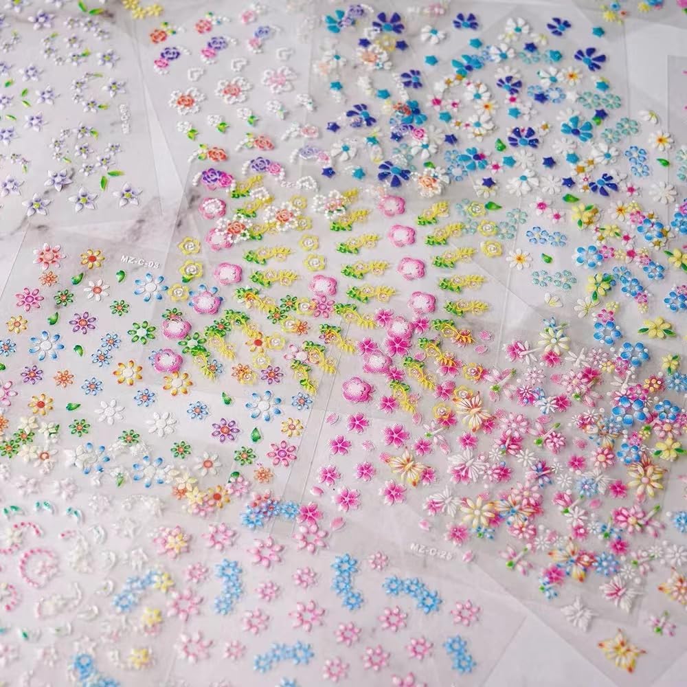 30 Sheets Colorful Flower Nail Stickers, Floral Decals Self-Adhesive Art Design With Heart, Leaf for Women Girls Manicure Decoration