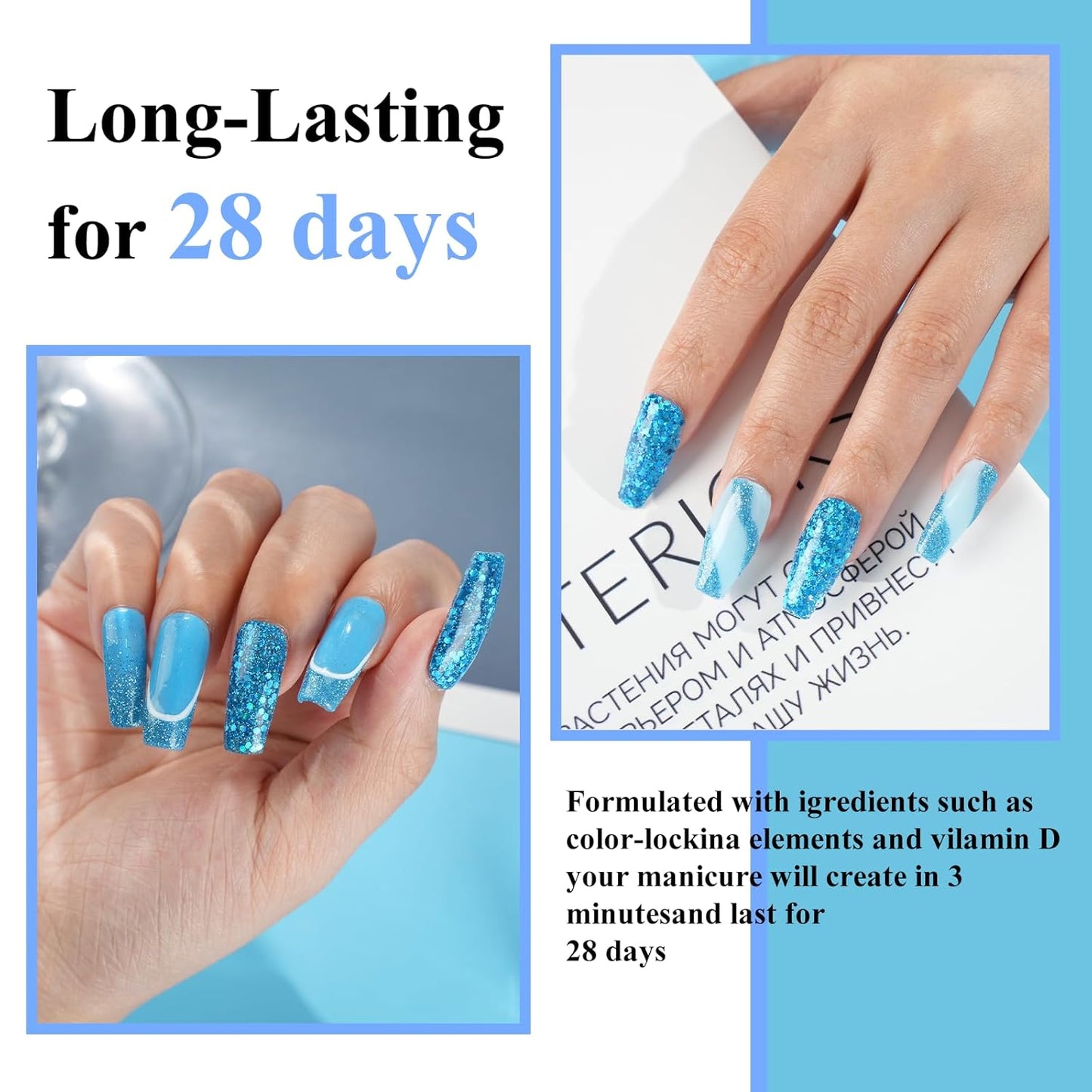 12 Pcs Dip Powder Nail Kit Starter, 6 Colors Glitter Blue Snow Dipping Powder Kit With Base & Top Coat/Activator/Brush Saver, Nail Art Manicure Salon DIY for Daily at Home Party Gifts for Women