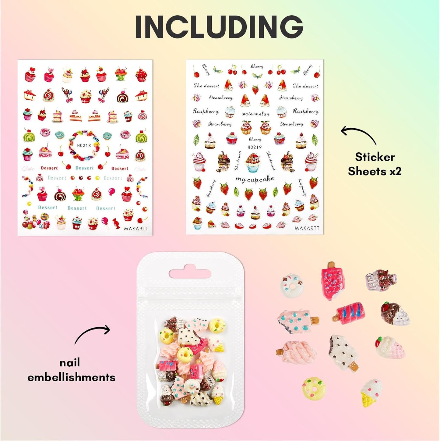 Makartt Nail Decorating Kit, 10pcs Designer Nail Stickers, Cute Dessert Nail Art Decor for DIY Manicure, Salon Accessories for Creative Nails Designs