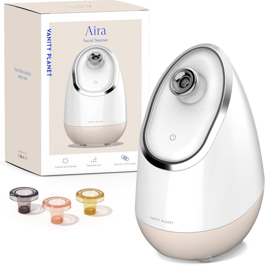 Vanity Planet Aira Ionic Facial Steamer (Beige) - Pore Cleaner That Detoxifies, Cleanses and Moisturizes - Adjustable Nozzle, Water Tank with 3 Essential Oil Baskets
