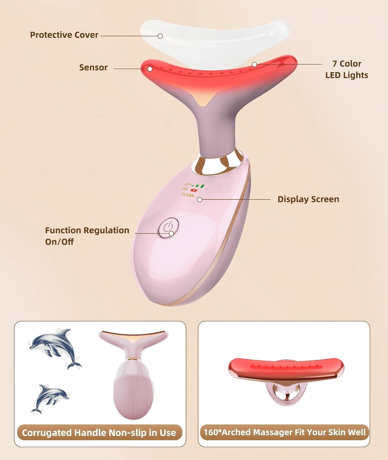 7 Color Face and Neck Massager Light Therapy, Red Light Based Facial Massager for Skin Care, Firming, Smoothing (Pink)