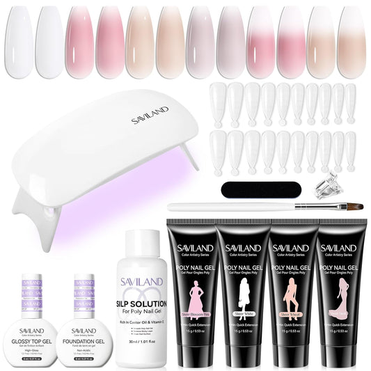 SAVILAND Poly Gel Nail Kit Starter: 4 Colors Natural Clear Poli Gel Para Uñas with Mini U V/LED Lamp Slip Solution Quick Dry Nourish Nails 28 Days Durable for Gifts Daily Nail Art DIY Salon Home Use