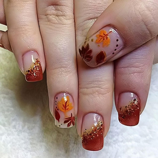 Thanksgiving Press on Nails Fall Maple Leaves Fake Nails Medium Square Acrylic Glue on Nail Glossy Autumn Maple Leaf Stick on Nail for Women DIY Manicure