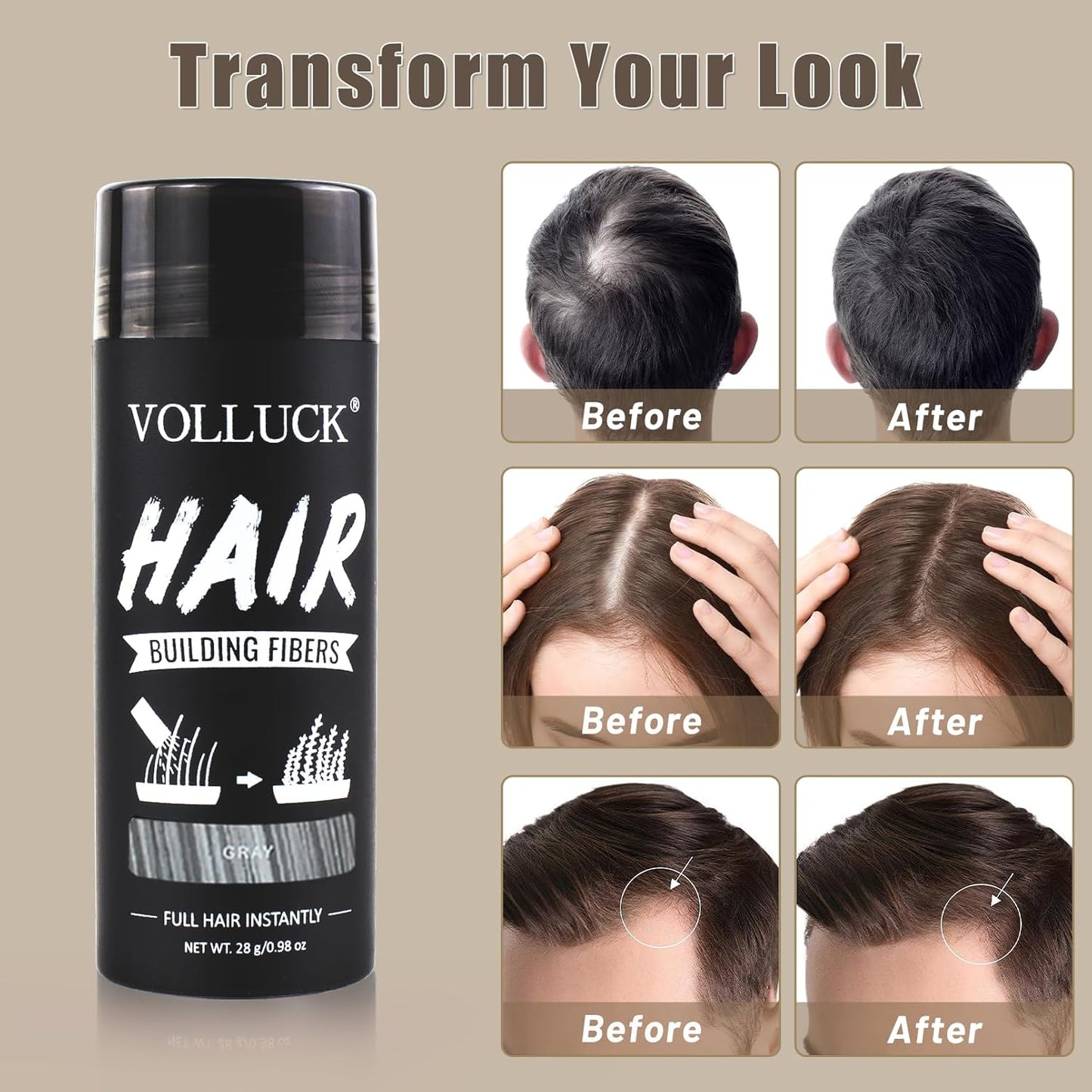 VOLLUCK Hair Fibers for Thinning Hair, Instant Coverage Hair Building Fibers for Women and men, Natural Hair Powder for Conceal Hair Loss 28 g (Gray)