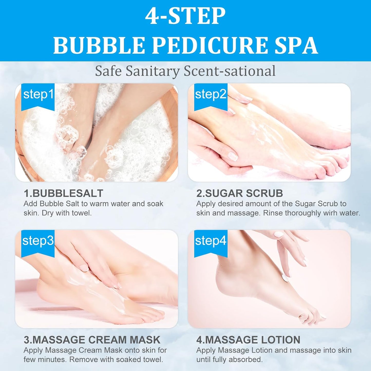 Pedicure Kit Foot Soak Set: Bubble Salt, Sugar Scrub, Massage Mask, Massage Lotion in a Box, 4 Step Foot Spa Kit for Dry Feet, Softens Calluses(1 Set Pacific Waves)