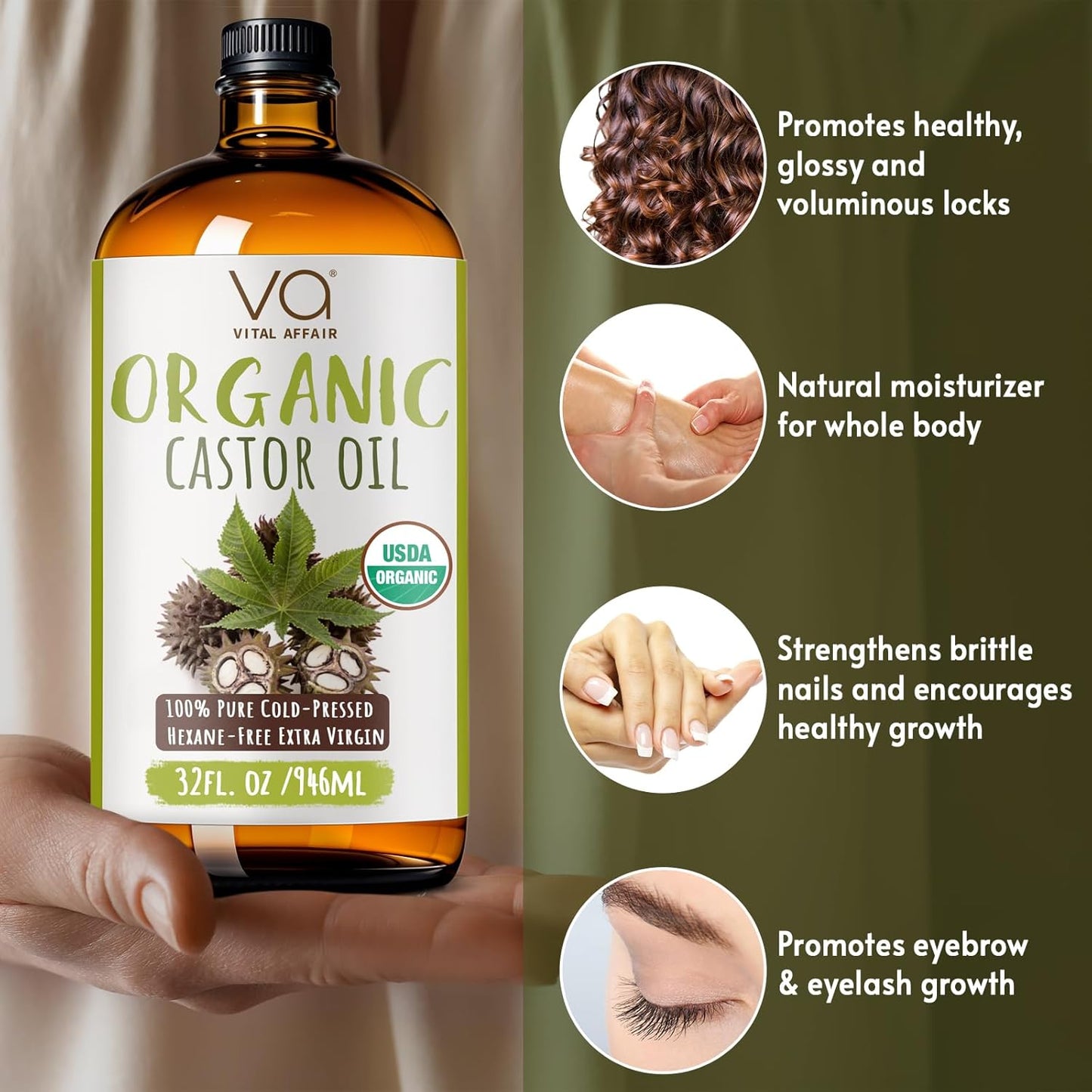 Pure Organic Castor Oil 32oz – Cold Pressed, Unrefined, USDA Organic – Glass Bottle for Hair Growth, Eyelashes, Eyebrows, Face & Castor Oil Packs