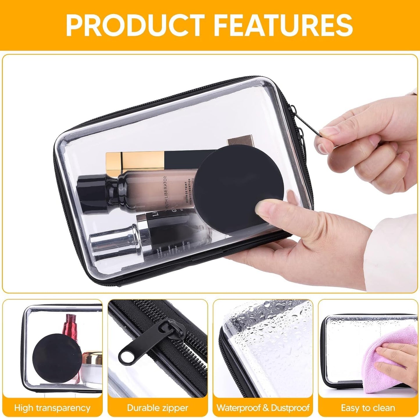 3PCS Clear Zipper Cases, Portable Clear Organizer Pouches for Travel, Double Zippered Hard Shell Plastic Case, Cosmetic Bag for Make Up Tools, Toiletries, Toy Storage (Black, 1 Pack)