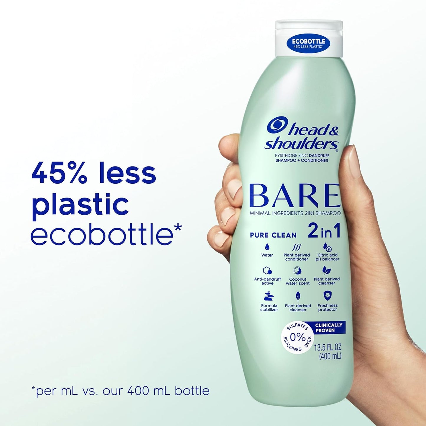 Head & Shoulders BARE 2-in-1 Dandruff Shampoo And Conditioner Twin Pack, Pure Clean, Sulfate-Free, Silicone-Free, Dye-Free, Eco-Friendly Bottles, Safe for All Hair Types, 13.5 Fl Oz Each (Set of 2)