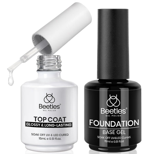 Beetles 2Pcs 15ml Base and Top Coat Set - Upgrade No Wipe Extra Glossy Gel Top Coat Finish for Gel Nail Polish, Soak Off UV/LED Lamp Needed, Essentials for Long-Lasting Manicure Halloween Kit