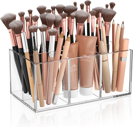 HIIMIEI Clear Makeup Brush Holder Organizer Acrylic 6-Slots Cosmetic Brushes Storage Organizer for Vanity Countertop
