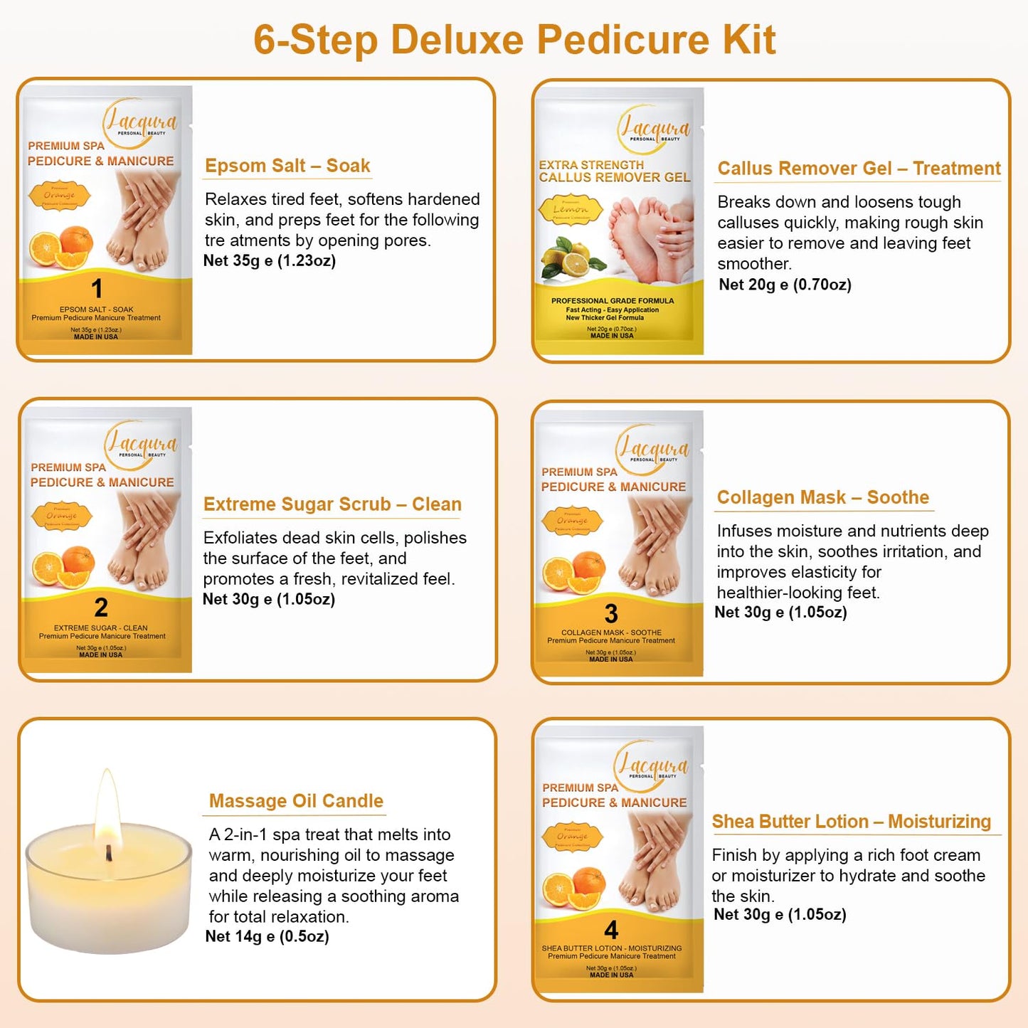 6-Step Foot Care System with Epsom Salt Soak, Callus Remover Gel, Sugar Scrub, Collagen Mask, Shea Butter Lotion, Massage Oil Candle + Disposable Pedicure Kit 5-1, Liner & Slippers. Orange 03 Set