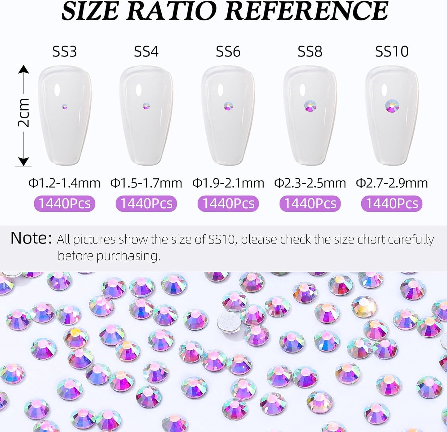 Crystal AB Flatback Rhinestones, Glass Rhinestones for Nail Art and Craft, Glue Fix, Loose Crystal Gemstones(Crystal AB, SS10, 1440pcs, 2.7-2.8mm)