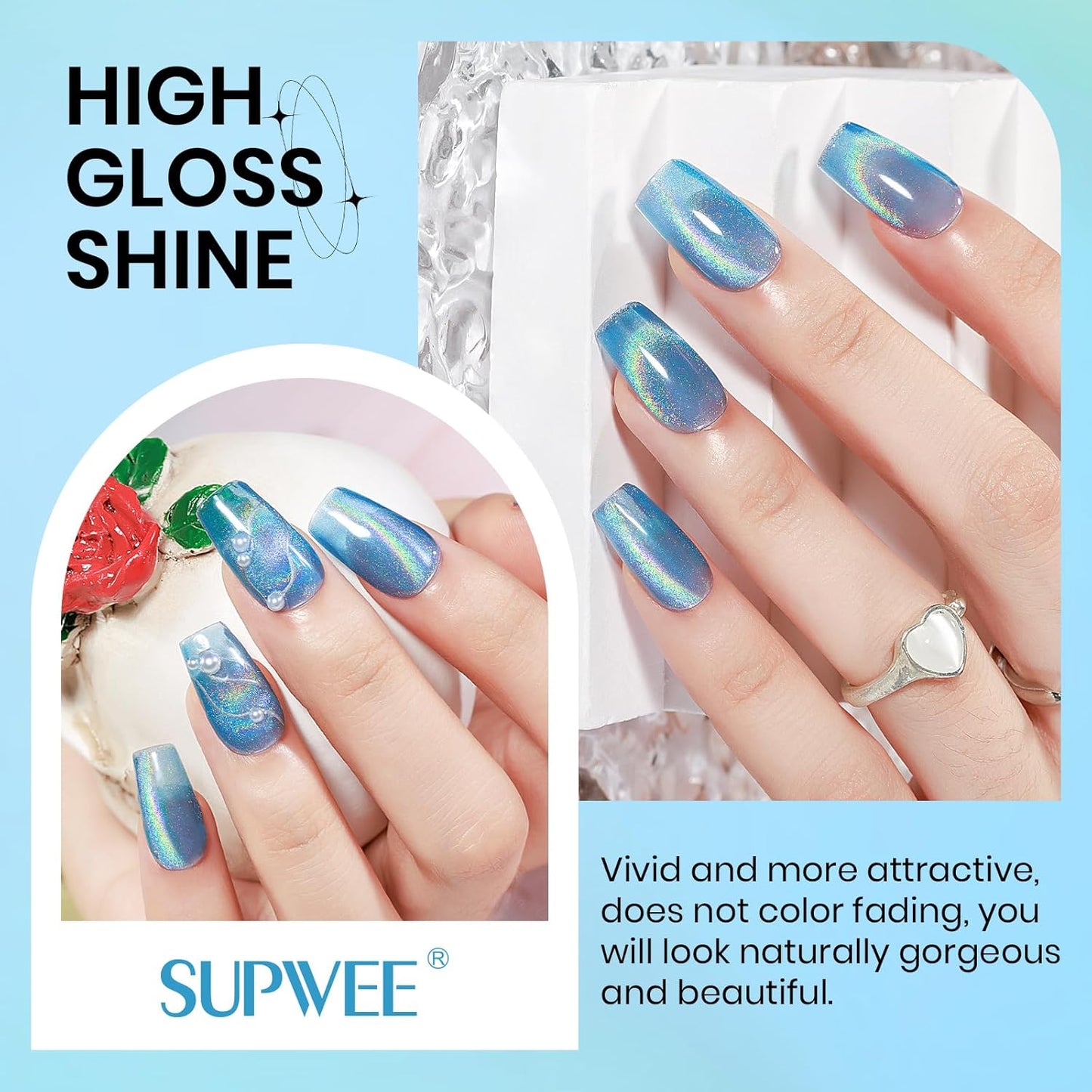 Blue Holographic Gel Nail Polish with Magnetic Rainbow Cat Eye Gel Nail Polish Cateye Glitter Nails Polishes Gels Iridescent Effect for Home DIY Women Girls