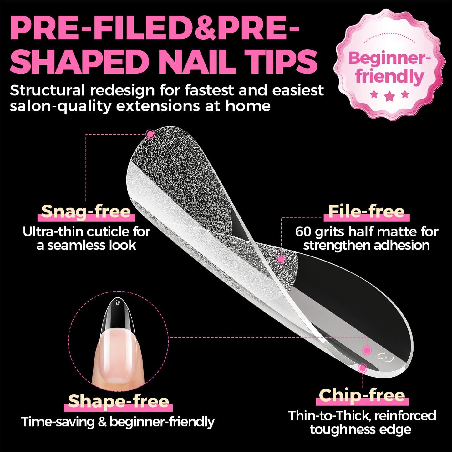 UNA GELLA Almond Gel Nail Tips, 504PCS Pre Etched Clear Fake Nails Tips Medium Almond Shape - 12 Sizes Full Cover Soft Acrylic Press On Nail Extensions No C Curve Gift for Diy at Home