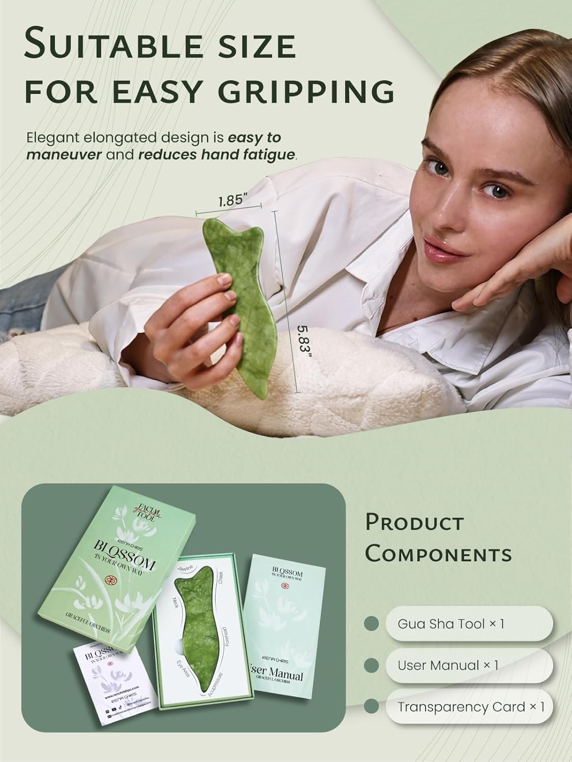 Rena Chris Natural Jade Gua Sha Facial Tools - Acupressure & Gua Sha for Face Massage, Jawline Sculpting, Puffiness Reduction, Guasha Skin Care Tool with Carry Pouch and Cleaning Cloth