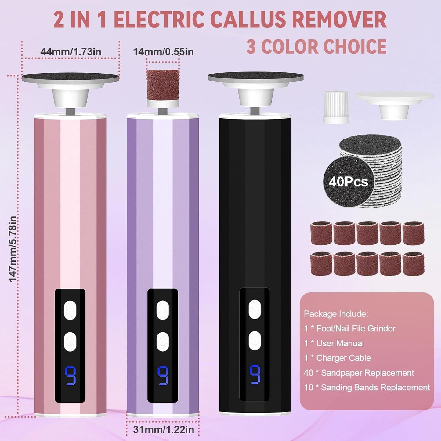 Electric Foot File 2-in-1 Foot Callus Remover with 50pcs Sandpaper Discs, Callus Remover for Feet Professional Pedicure Tool for Dead Skin and Calluses 9 Adjustable Speed/Reversible Rotation - Pink