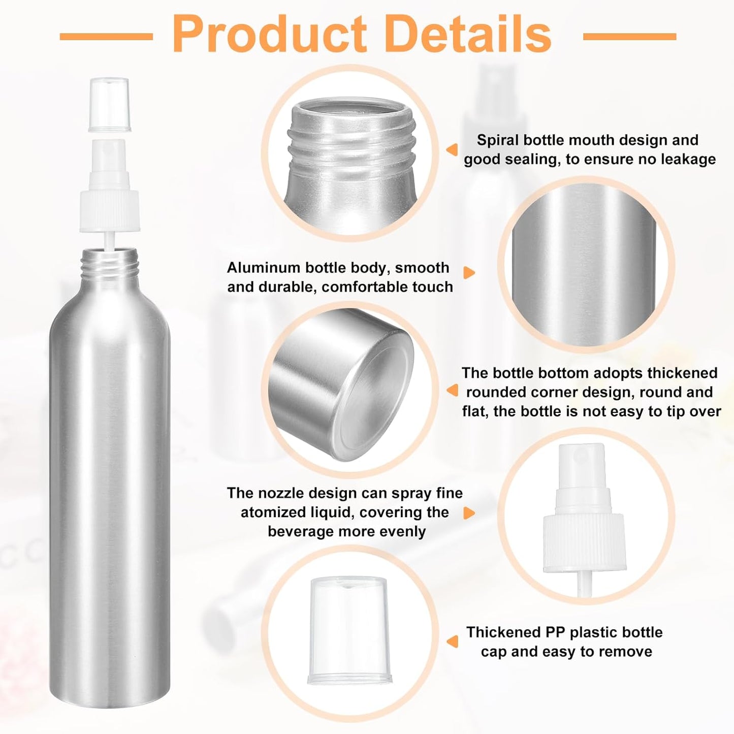 HARFINGTON 5pcs Aluminum Fine Mist Spray Bottles 250ml/8.5oz Metal Small Liquid Alcohol Refillable Travel Container with White Plastic Nozzle Cap for Perfume Skincare Cosmetic Storage Bottle