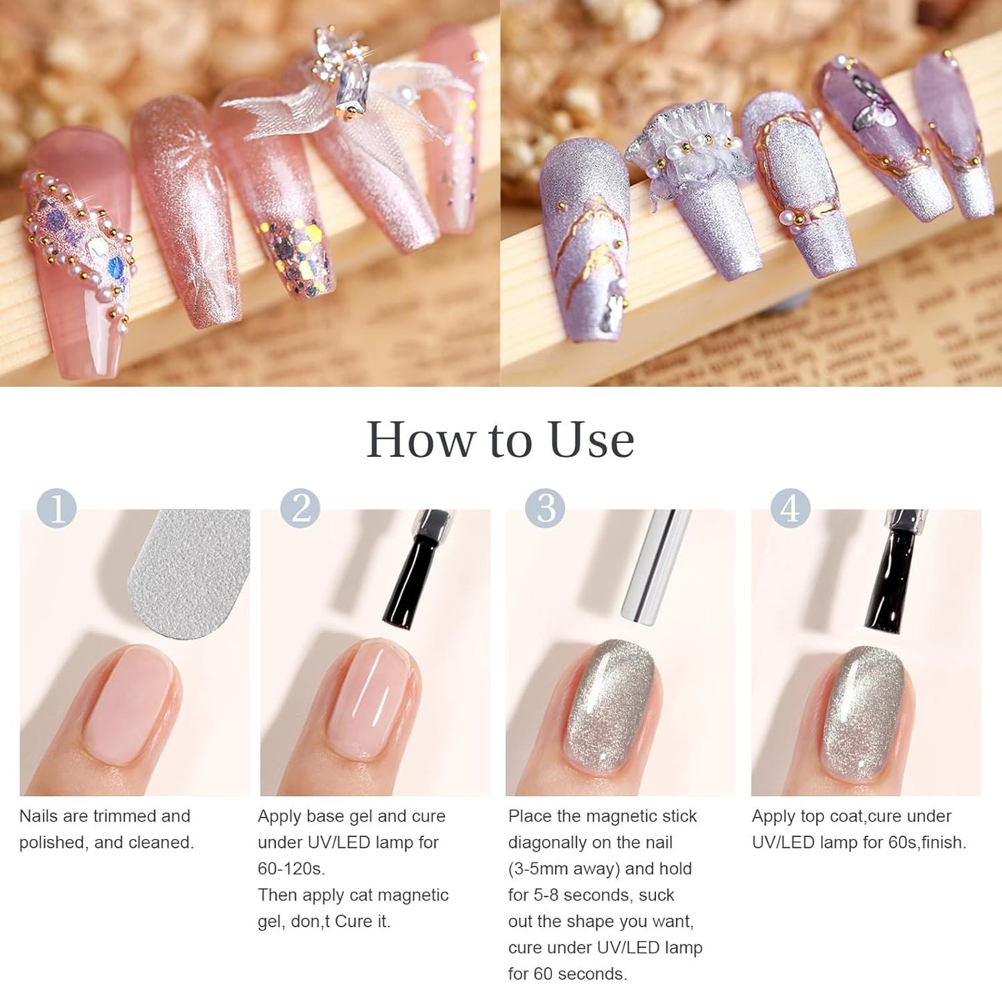 Cat Eye Gel Nail Polish with Magnet Stick, 15ml Glitter Holographic Nail Polish, Magnetic Effect Gel for Home DIY Manicure Gift, Silver Dust
