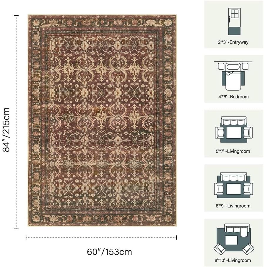 Rugxara Red Area Rugs 5x7 Washable Oriental Rug - Image 2