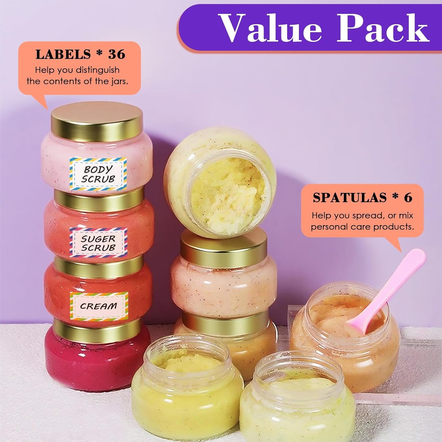 36 Pack 5 oz Amber Plastic Cosmetic Containers With Lids Refillable Clear Empty Travle Jars Containers for Body Butter,Sugar Scrubs,Cream,Lotions,Candy, Waterproof Label&Spatulas - (Black Lid)