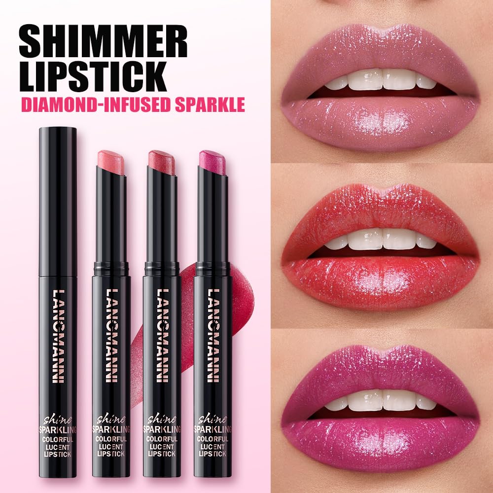 Jolilab 2Pcs Sparkling Lipstick Lip Gloss Long Lasting Waterproof Moisturizer Lip Balm Glitter Shimmer Metallic Lipstick, Diamond Shiny Bold Glow Goth Lipstick for Women Girls,Non-sticky(07+08