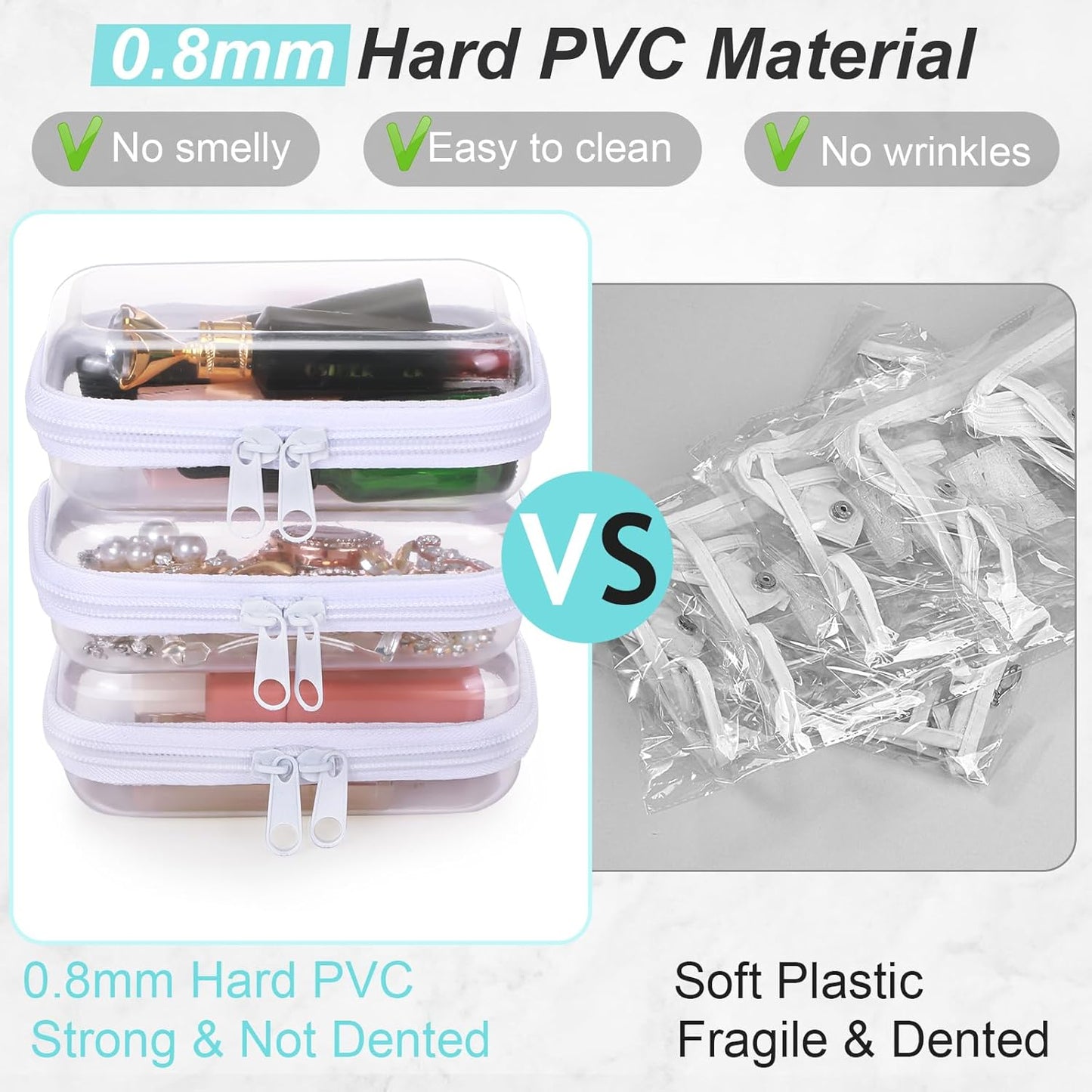 Hoolerry 3 Pcs Clear Hard Zipper Case Plastic Pouch Transparent Hard Case Clear Makeup Bag Portable Travel Organizer Bin for Cosmetics, Building Blocks, Puzzles(White,S)